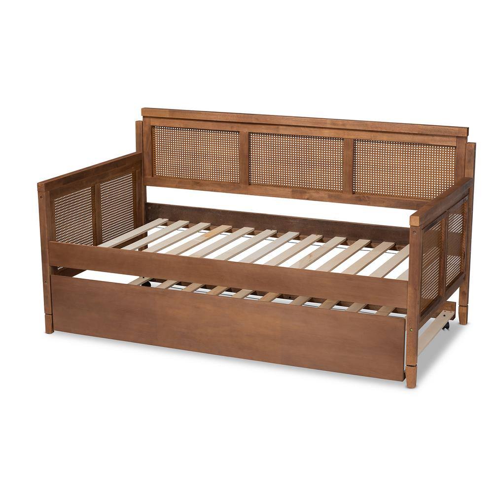 Walnut Wood and Rattan Twin Daybed with Trundle