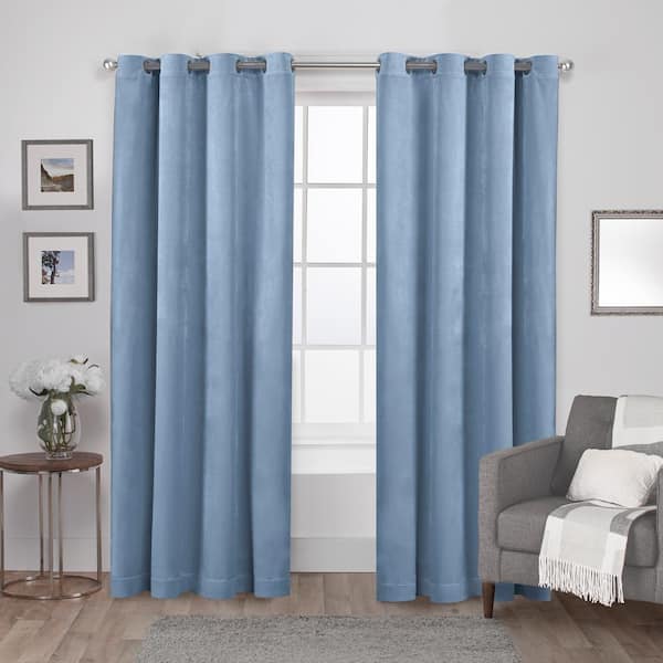 EXCLUSIVE HOME Velvet Slate Blue Solid Light Filtering Grommet Top Curtain, 54 in. W x 96 in. L (Set of 2)