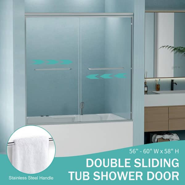 Reversible 56 to 60 in. W x 58 in. H Semi-Frameless Double Sliding Tub Door in Brushed Nickel with Tempered Clear Glass