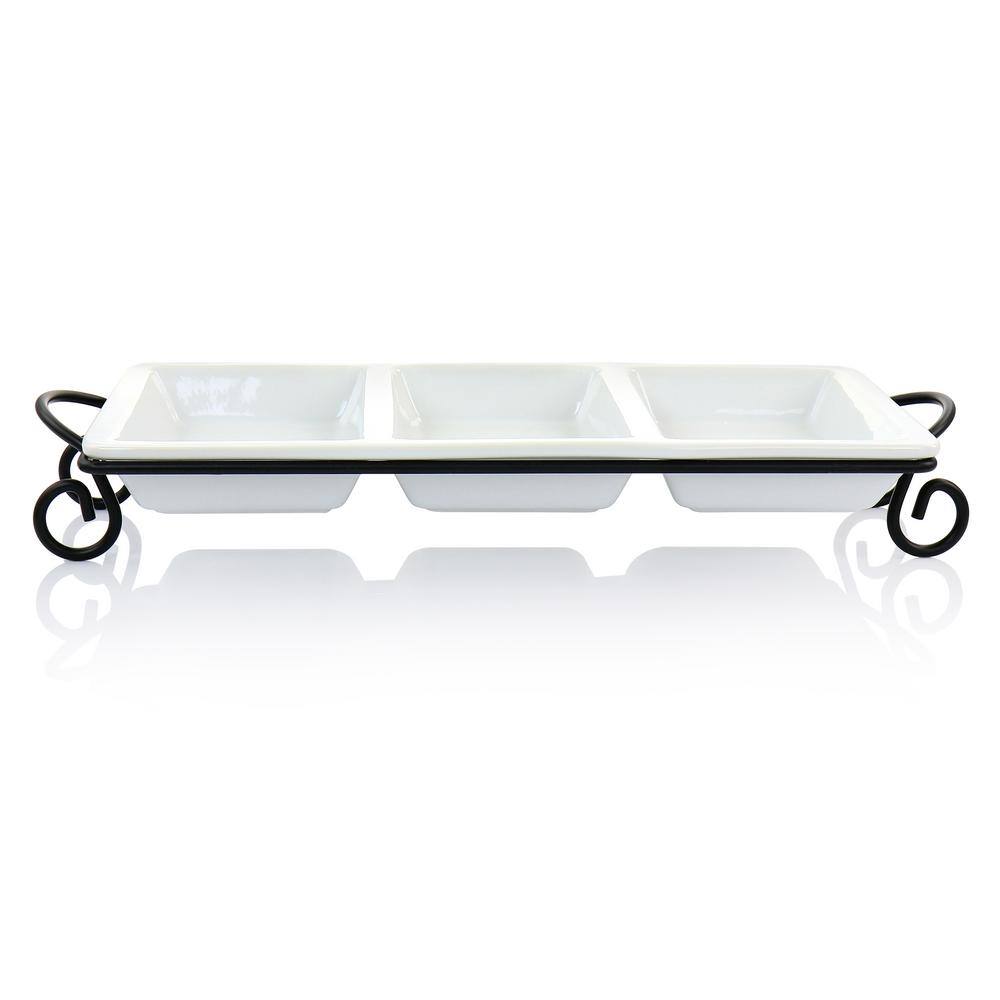 Modern White Porcelain 3-Section Rectangular Serving Tray with Metal Rack