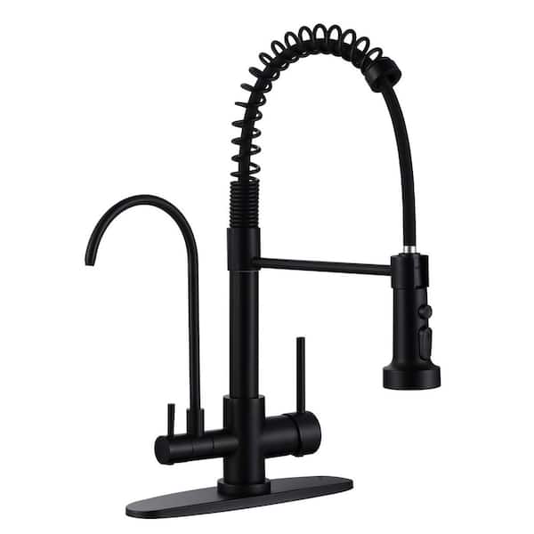 VEVETTA 18 in. Double Handle 360° Pull Down Sprayer Kitchen Faucet with Drinking Water Filler and 3-Mode Spout in Matte Black