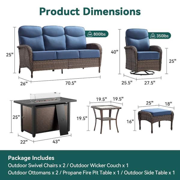 Moonridge 7-Piece Brown Wicker Fire Pit Conversation Set with 6 In. Olefin Blue Cushions / Metal Fire Pit Table