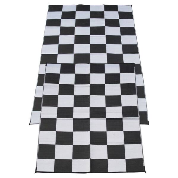 Fireside Patio Mats Racing Checks Black and White Checkered Flag 6 ft. x 9 ft. Polypropylene Indoor/Outdoor Reversible Patio/RV Mat