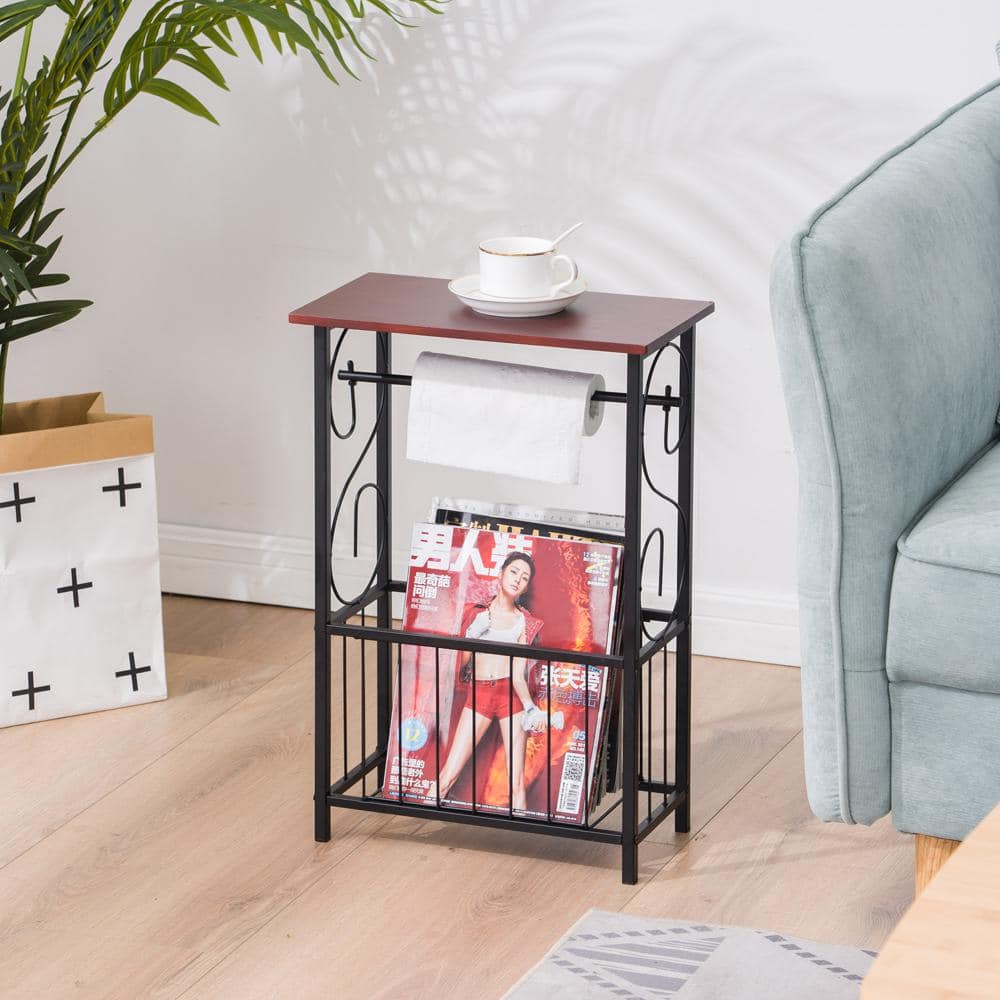 Brown and Black MDF and Steel Side Table with Storage Basket