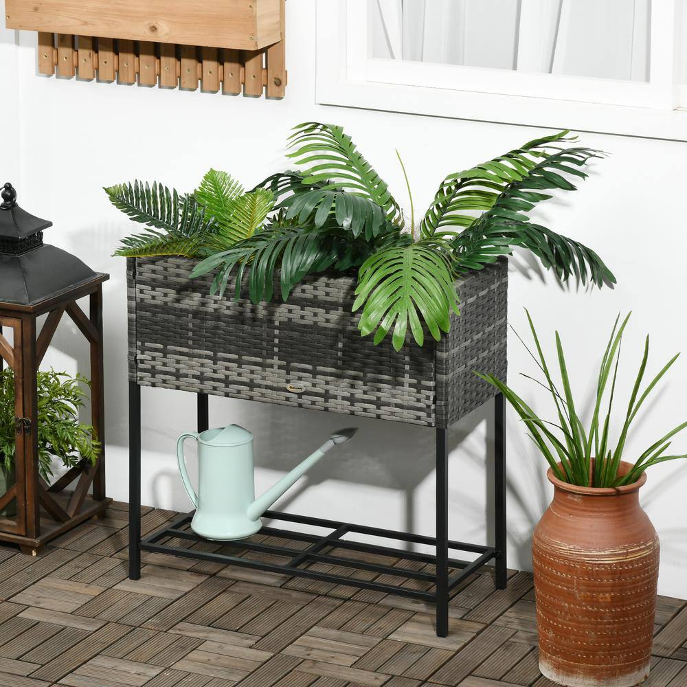 Gray Elevated Rattan Wicker Garden Bed with Metal Frame