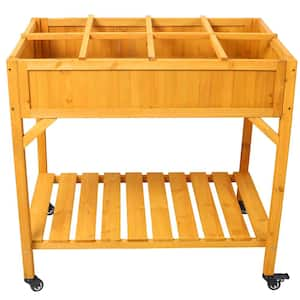 36 in. x 24.2 in. x 34.6 in. Yellow Wood Raised Garden Bed with Lockable Wheels Storage Shelf and Drainage Holes