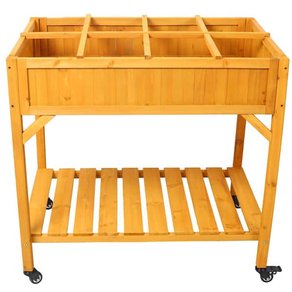 Huluwat 36 in. x 24.2 in. x 34.6 in. Yellow Wood Raised Garden Bed with Lockable Wheels Storage Shelf and Drainage Holes