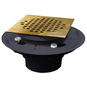 2 in. x 3 in. PVC Shower Drain/Floor Drain w/4 in. Polished Brass Cast Square Strainer-Fits Over 2 in. Sch. 40 DWV Pipe
