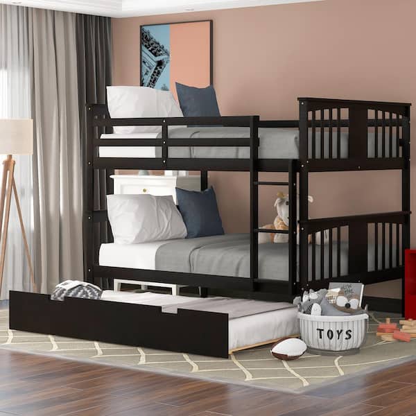 Qualler Espresso Full Over Full Bunk Bed with Twin Size Trundle and Ladder