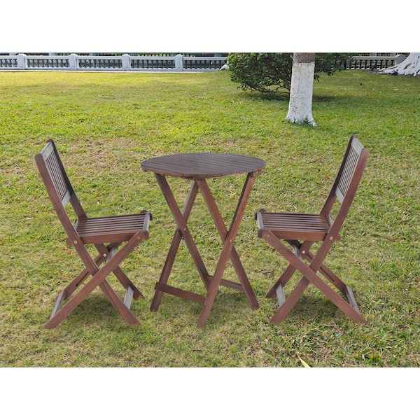 Unbranded Brown 3-Piece Wood Outdoor Bistro Set with 1 Coffee Table and 2-Foldable Chairs