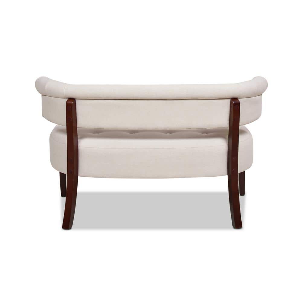 Jared Cream Tufted Pine Wood Roll Arm Settee Bench