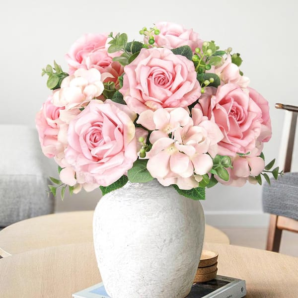 LIVING LUXURY 19 in. Blush Pink Artificial Elegant Rose Hydrangea Flower Stem Bush Bouquet (Set of 2)