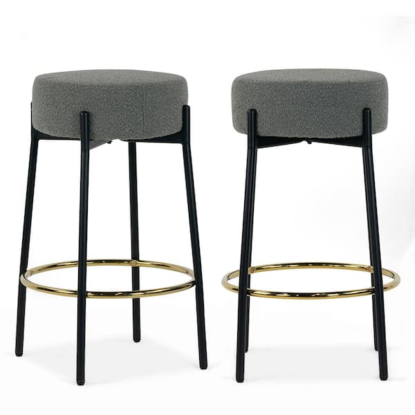 Glamour Home Avner 27 in. Gray Boucle Backless Metal Counter Stool with Black Metal Legs Set of 2