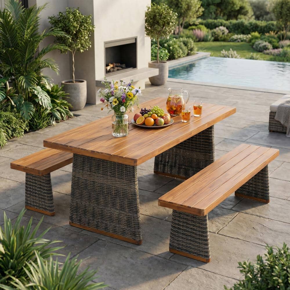 Outdoor 3-Piece Acacia Wood Dining Set with Rattan Legs, Gray for Balcony price history on PriceWatchPro
