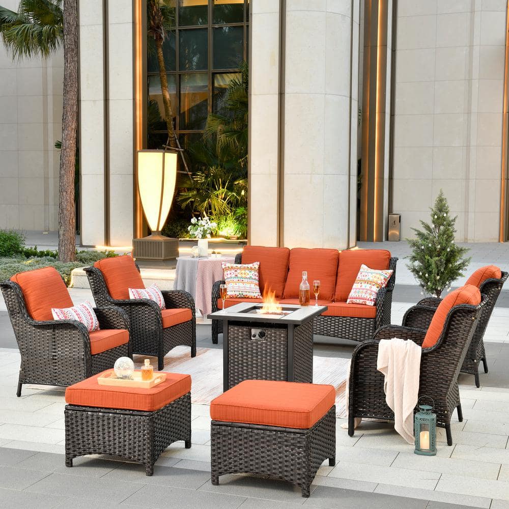 Erie Lake Brown 8-Piece Wicker Outdoor Patio Fire Pit Seating Sofa Set and with Orange Red Cushions price history on PriceWatchPro