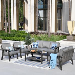 Walden Grey 5-Piece Wicker Metal Outdoor Patio Conversation Sofa Set with a Coffee Table and Dark Grey Cushions