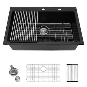 33 in. Drop-in Single Bowl Black Qt. Composite Kitchen Sink with Bottom Grids and Strainer