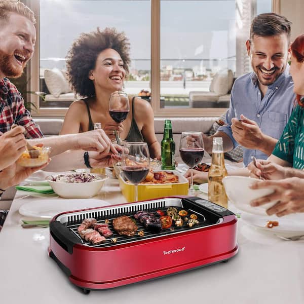 216 sq. in. Red Stainless Steel Smokless Indoor Grill with Removable Plates