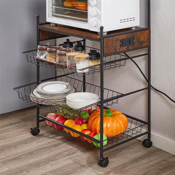 Narrow Black Metal Kitchen Cart with Wheels Storage Shelving Rack with Baskets Kitchen Bathroom Office Laundry