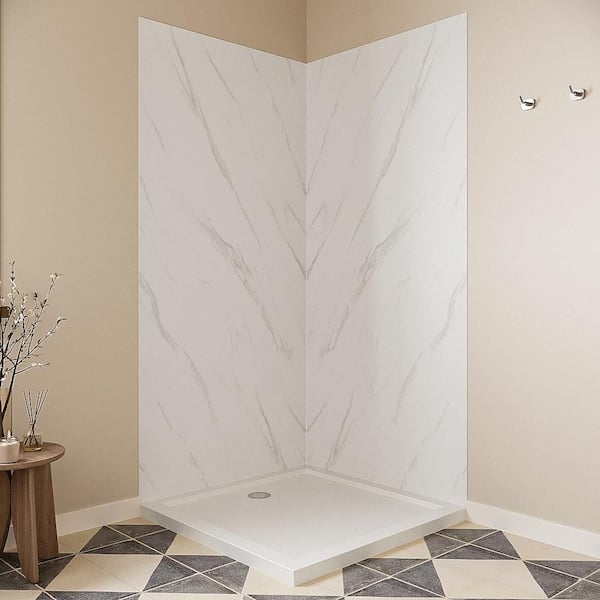 DSH-1400-145 38 in. L x 38 in. W x 76 in. H 2-Piece Glue-Up Corner Shower Wall Surround in White Marble Finish