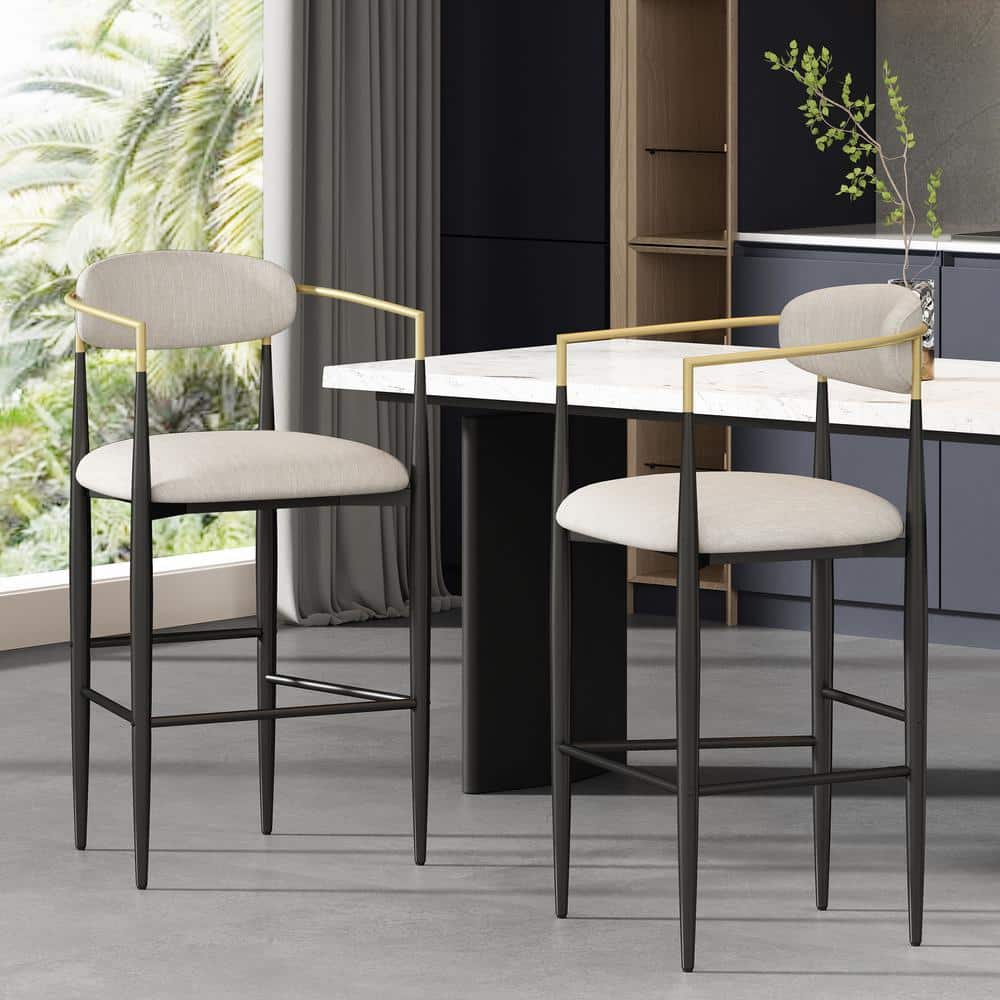 Beige and Black Metal Barstools with Gold Accents, Set of 2