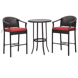 Black 3-Piece Metal Outdoor Bistro Patio Bar Wicker Outdoor Dining Set with Red Cushion, Bar Table