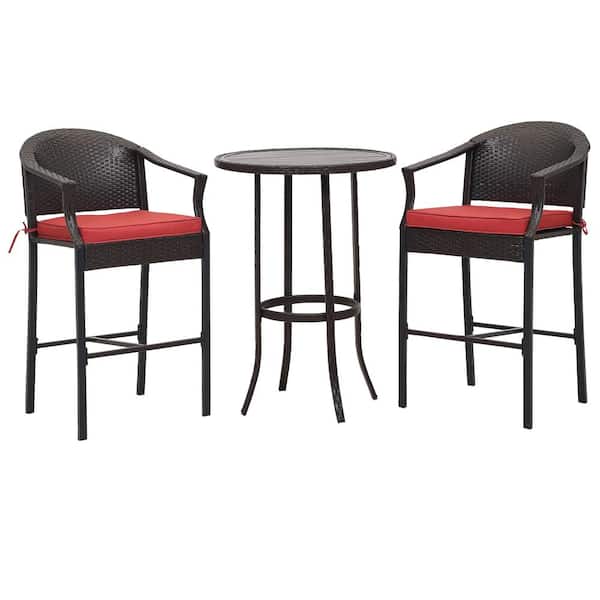 Unbranded Black 3-Piece Metal Outdoor Bistro Patio Bar Wicker Outdoor Dining Set with Red Cushion, Bar Table