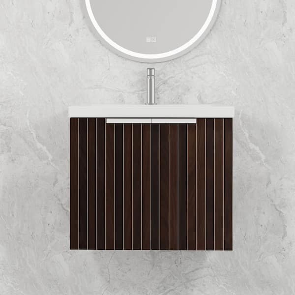 Ziyudura 24 in. Single Sink Floating Brown Bath Vanity with White Resin Top, Soft Close Doors