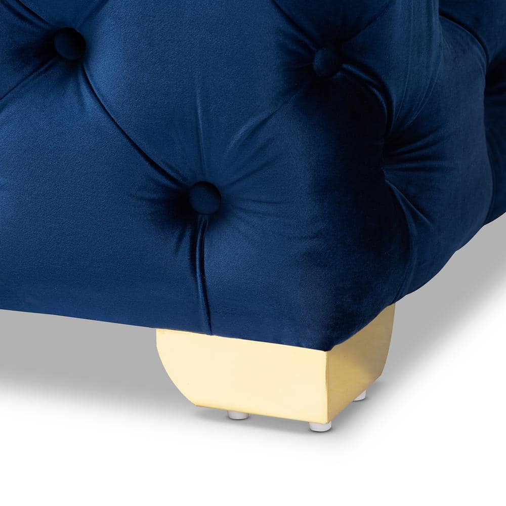 Royal Blue Velvet Tufted Ottoman with Gold Metal Legs