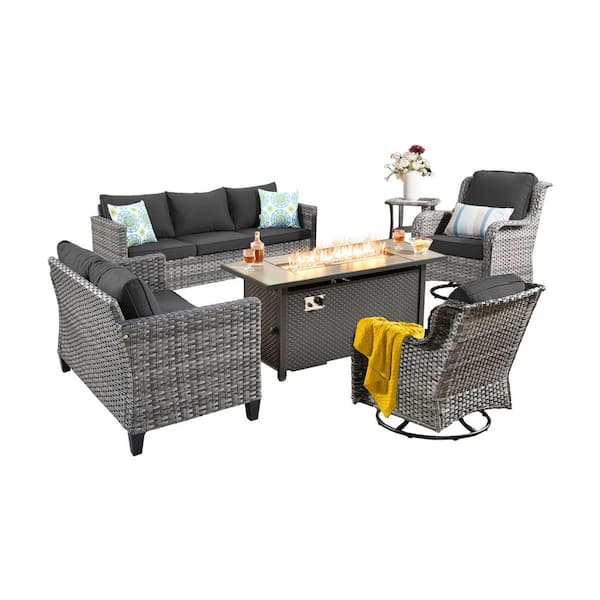 Muse 6-Pieces Wicker Outdoor Patio 54 in. Rectangular Fire Pit Set and Swivel Rocking Chairs with Black Cushions