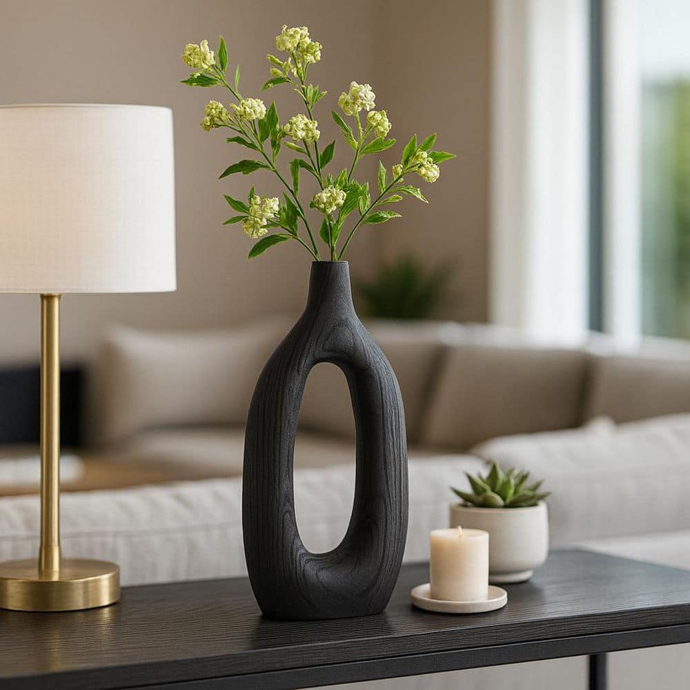 Sagebrook Home 14 in. Black Wood Bud Cut-Out Decorative Vase 17376