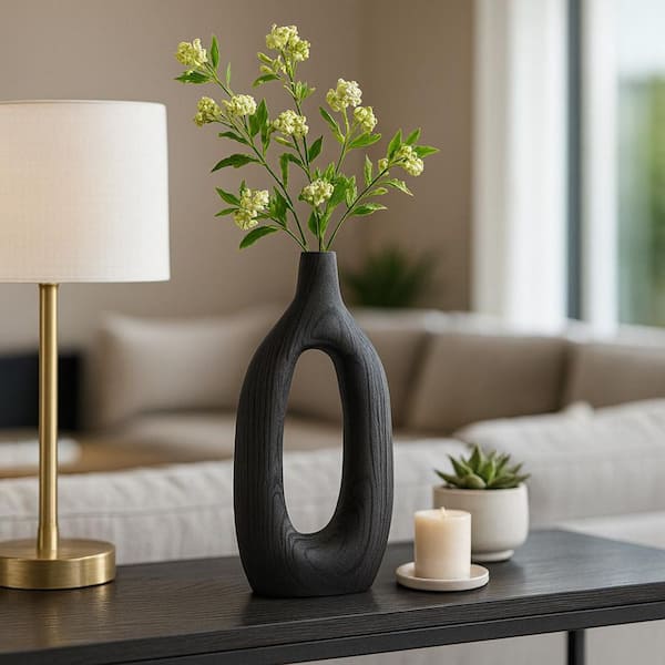 14 in. Black Wood Bud Cut-Out Decorative Vase