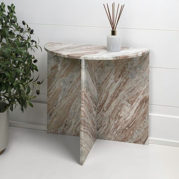 Patrice 24 in. Beige/White/Gray Half-Circle Art Deco Minimalist Natural Marble Handmade Demilune End Table