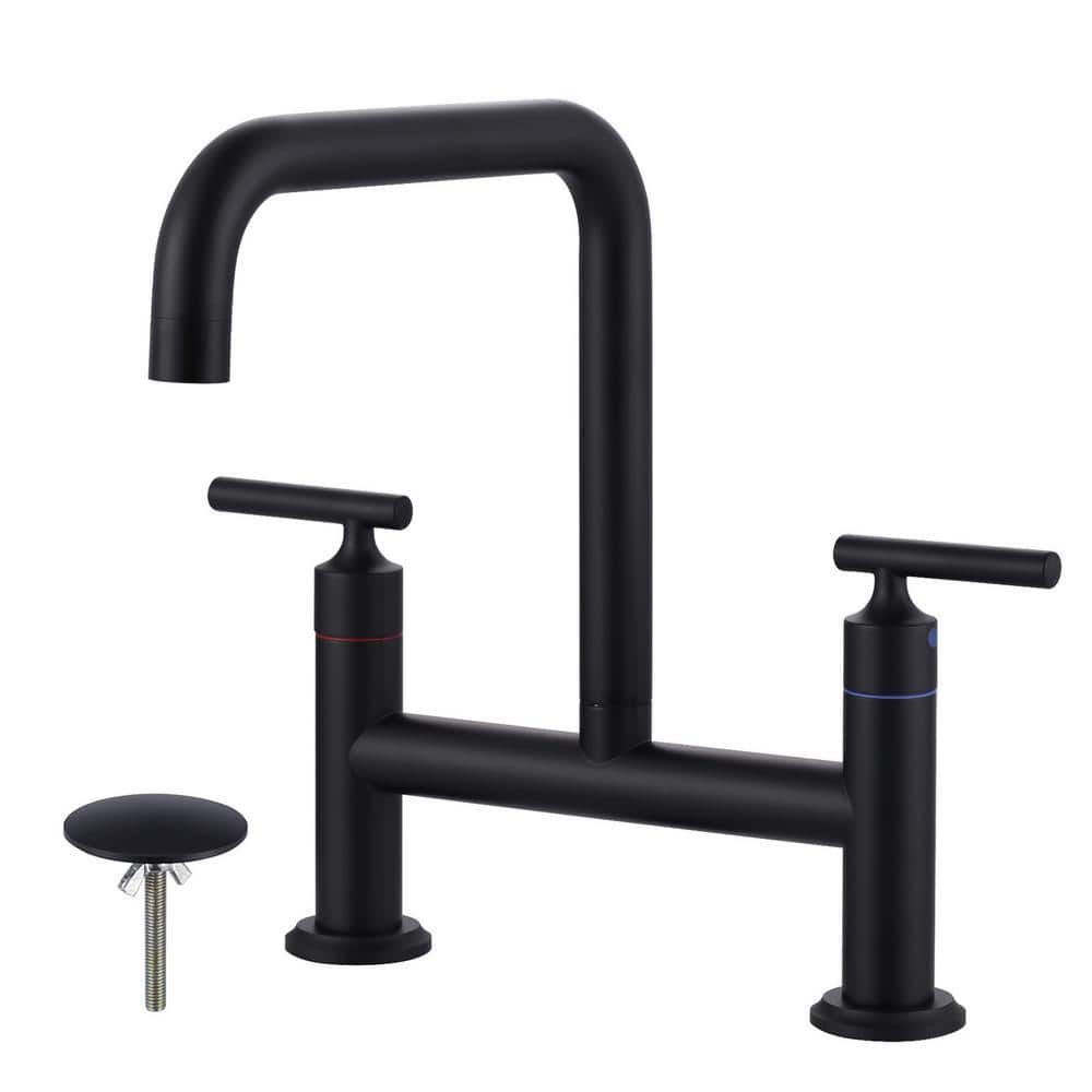 ALEASHA Double Handle Bridge Kitchen Faucet in Matte Black AL
