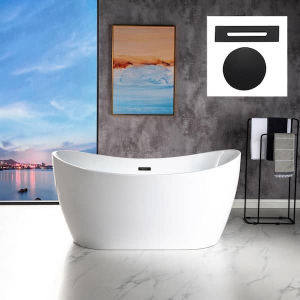 WOODBRIDGE Carver 59 in. Acrylic FlatBottom Double Slipper Bathtub with Matte Black Overflow and Drain Included in White