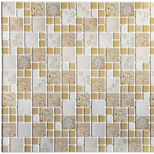 Dundee Deco 3D Falkirk Retro 10/1000 in. x 37 in. x 19 in. Beige Mustard Yellow Faux Squares Victorian Medallions PVC Wall Panel