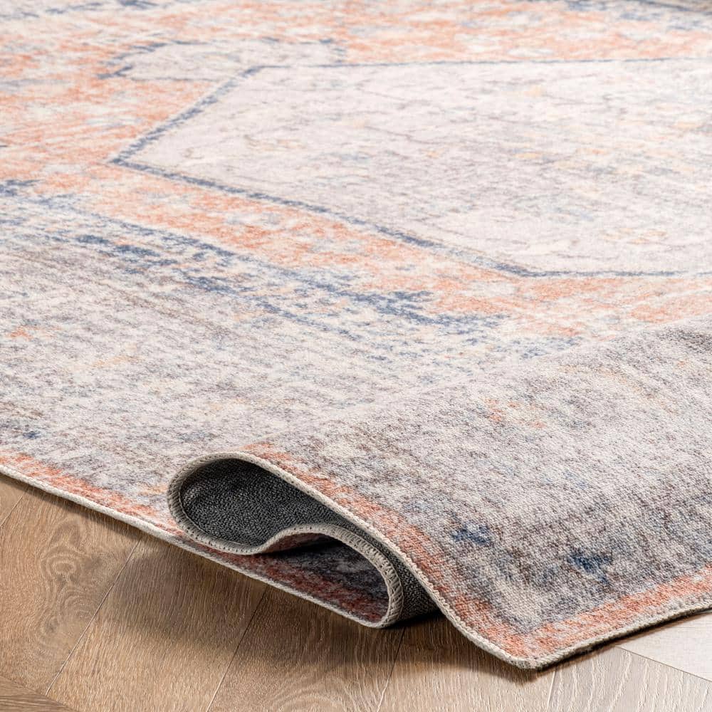 Vintage Floral Orange and Blue Washable Area Rug