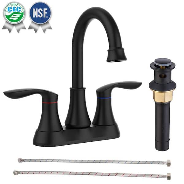 waterpar 4 in. Centerset Double Handle 360° High Arc Bathroom Faucet with Drain Kit and Pop-up Drain in Matte Black