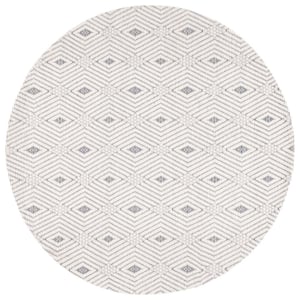 Marbella Collection Ivory Grey 6 ft. x 6 ft. Geometric Plaid Round Area Rug
