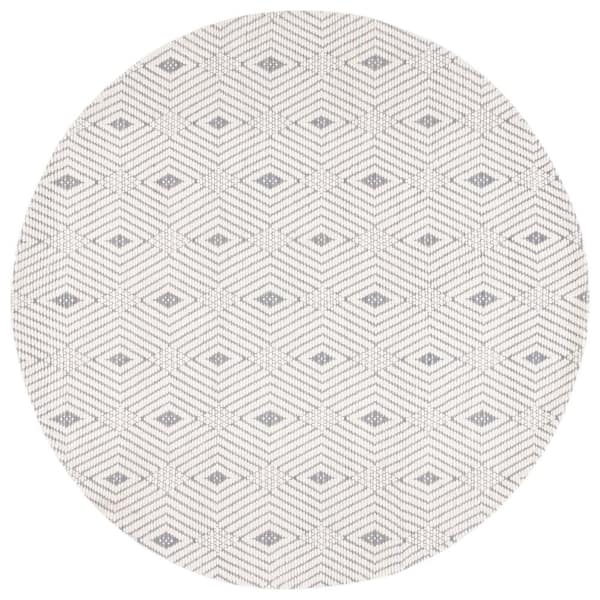 Marbella Collection Ivory Grey 6 ft. x 6 ft. Geometric Plaid Round Area Rug