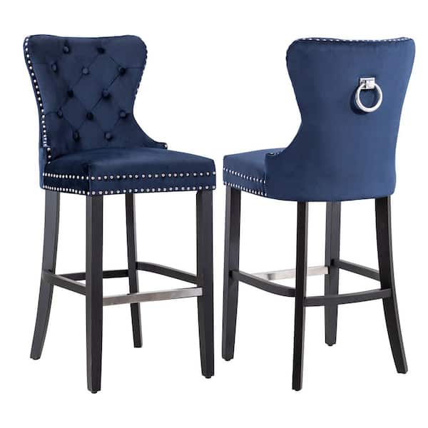 WESTINFURNITURE Harper 29 in. Navy Blue Velvet Tufted Wingback Kitchen Counter Bar Stool with Black Solid Wood Frame (Set of 2)
