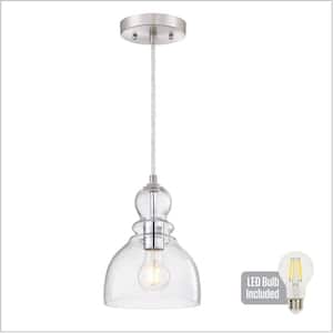 Fiona 60-Watt 1-Light Brushed Nickel LED Mini Pendant Light with Clear Seeded Glass Shade and Light Bulb Included