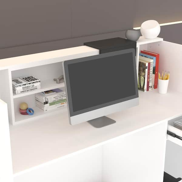 FUFU&GAGA 55.1 in. W x 43.3 in. H White MDF Computer Desk with a Desktop 3- Storage Shelves 1-Drawer and 1-Cabinet DRF-KF250003-01-dd - The Home Depot