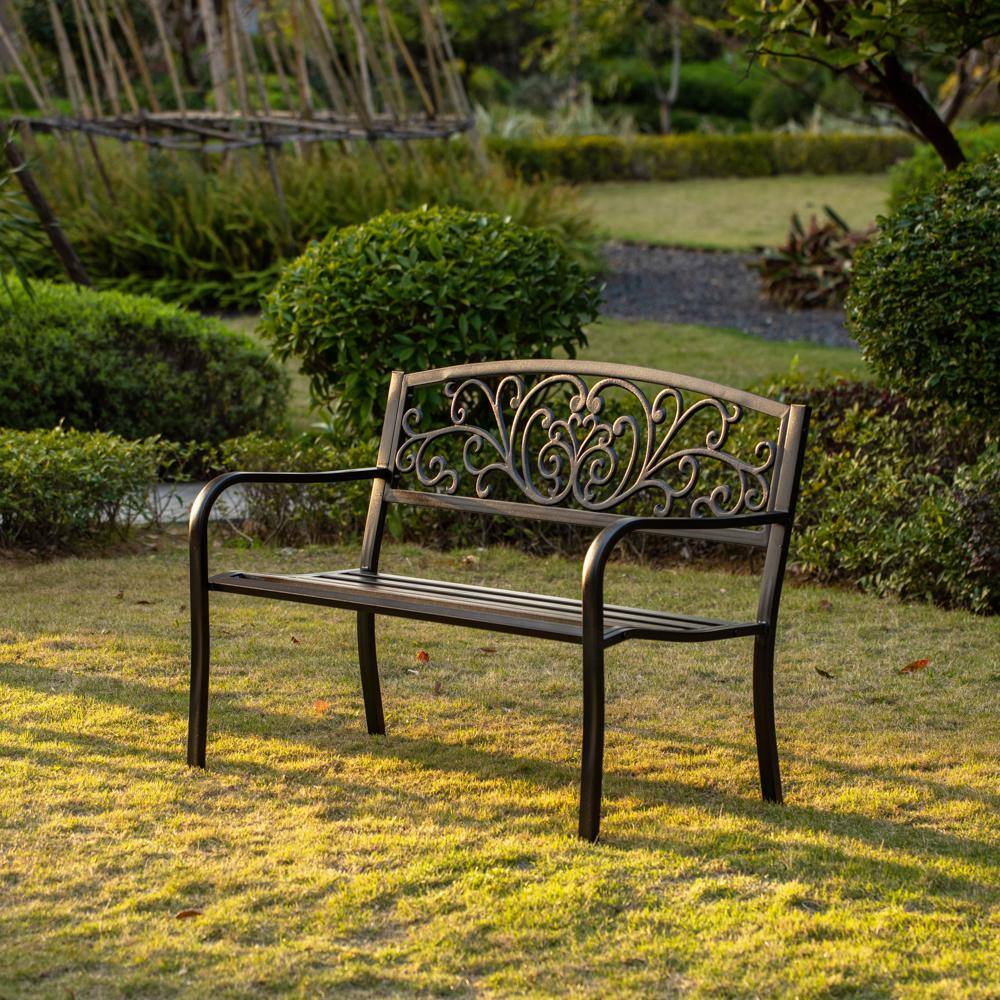 Black Powder Coated Steel Outdoor Bench with Cast Iron Backrest