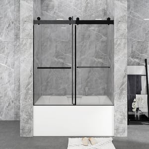 56 in. x 60 in. W x 65 in. H Double Sliding Frameless So Ft-Close Tub Door in Matte Black with Clear Tempered Glass