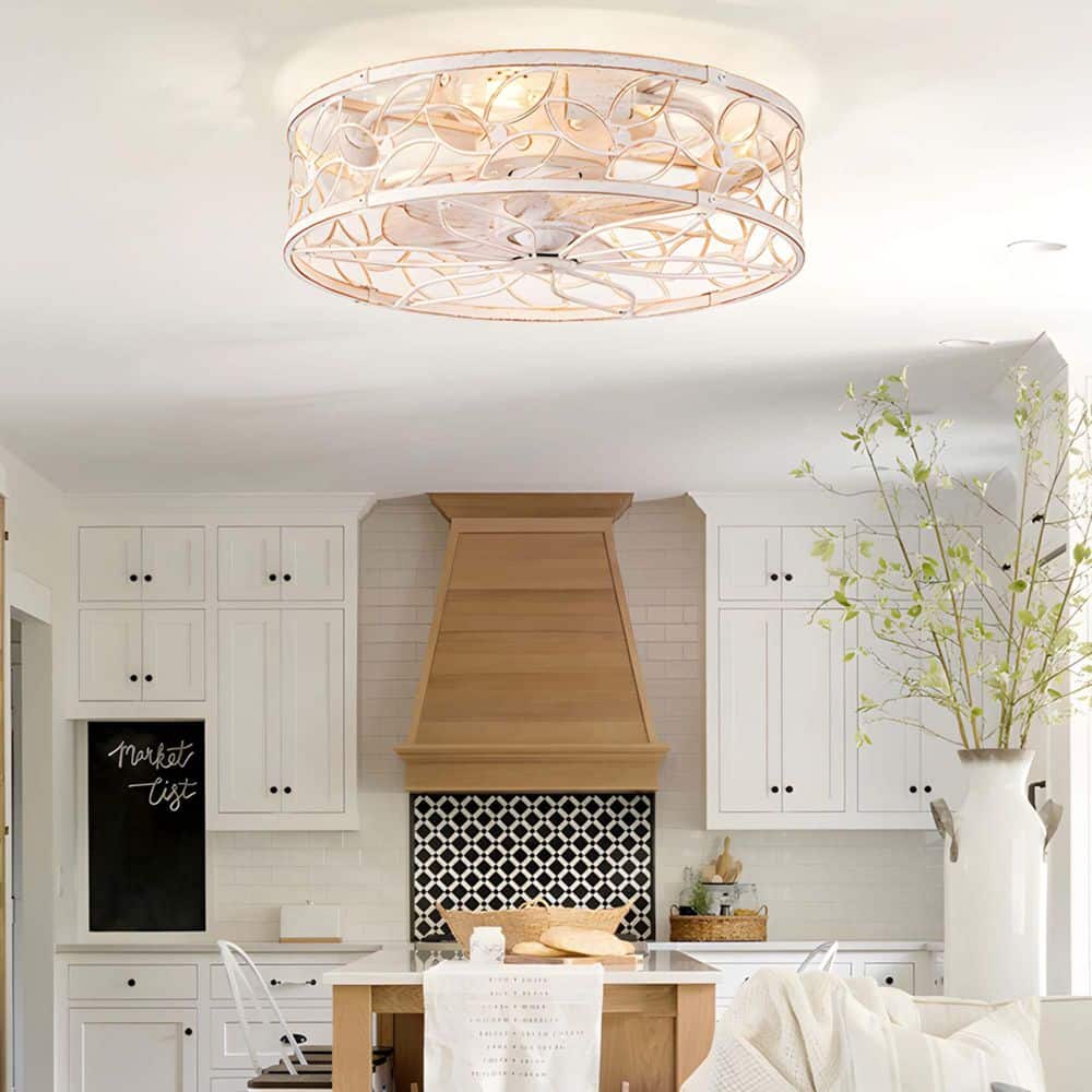 HINNIXY 18 in. Indoor White Gold Flush Mount Caged Ceiling Fan