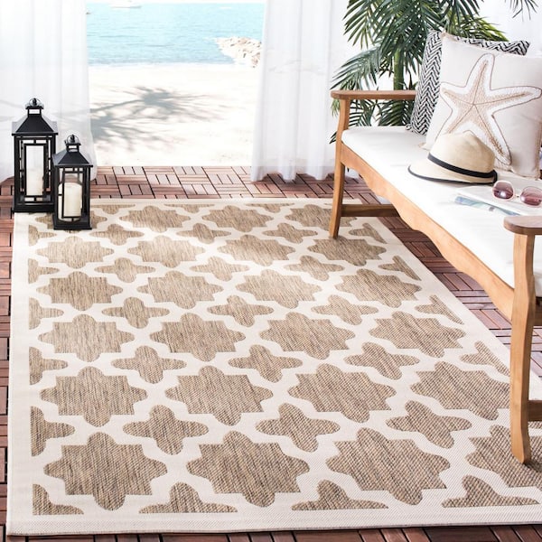 Courtyard Brown/Bone 8 ft. x 8 ft. Square Geometric Indoor/Outdoor Patio  Area Rug