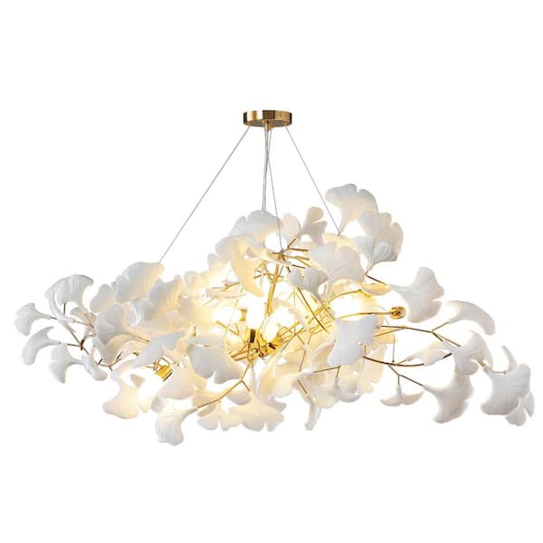 10-Light Gold Chandelier, Luxury Ceramic Ginkgo Branch Chandelier for Living Room, Dining Room, Kitchen Island-L59 in.