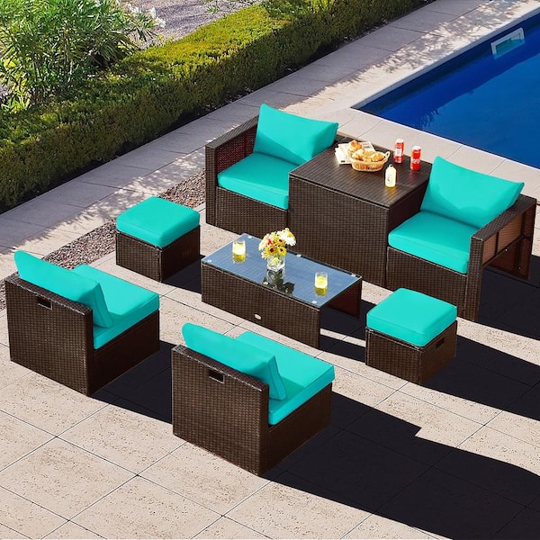 8-Piece Patio Rattan PE Wicker Conversation Set All-Weather Furniture Set with Cushions Turquoise