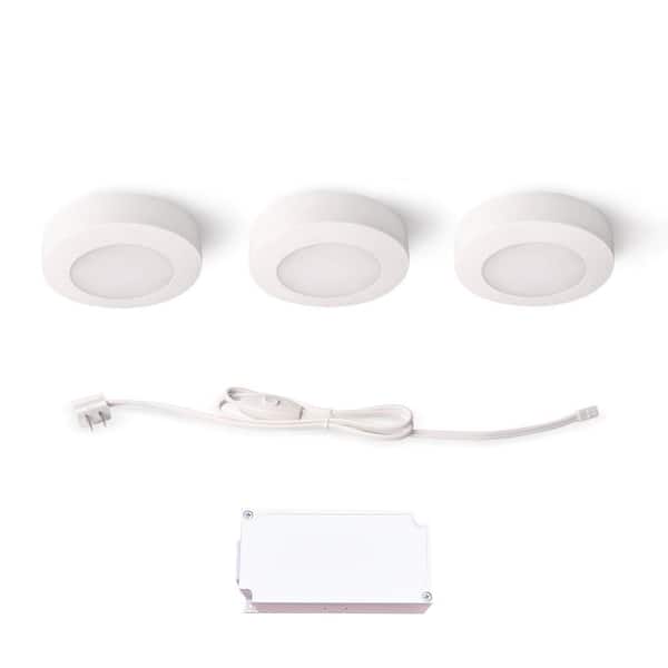 Plug-In 3-Light White Dimmable Color Changing Integrated LED 5 CCT Under Cabinet Puck Light with J-box